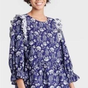 Universal Standard Blue Floral Dress with Ruffle Sleeves